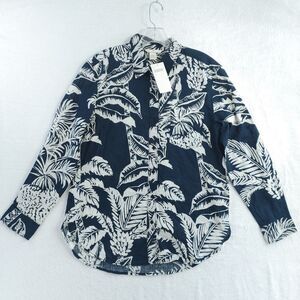H&M Mens Linen Blend Shirt Size XS Navy Blue White Tropical Leaf Button-Up